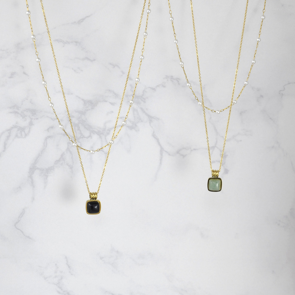 2連パール×スクエアストーンネックレス